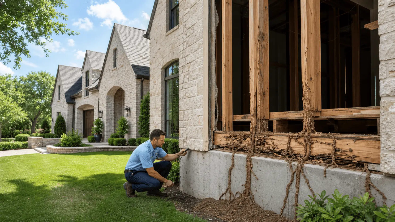 Pest control technician inspecting severe termite damage and mud tubes along the wooden frame and foundation of a home, illustrating destructive household pests that can compromise structural integrity in Bryan and College Station